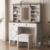 Farmhouse Makeup Vanity Desk with Sliding Mirror and Lights and Hairdryer holder and charging socket Multilayer storage Shelves