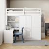 Full Size Loft Bed with Wardrobe,Desk and Shelves,White