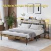 Queen Bed Frame with Storage, Platform Bed Queen Size with LED Lights and Charging Station, Dark gray velvet Headboard with Bookcase Shelves