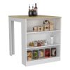 Kitchen Island Table, Two Legs, Three Side Shelves, White / Pine