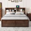 King Size Wood Platform Bed with Multi-storage Headboard, USB and Drawers, Antique Wood Color