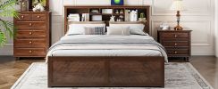 King Size Wood Platform Bed with Multi-storage Headboard, USB and Drawers, Antique Wood Color