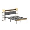 Queen Bed Frame with Storage, Platform Bed Queen Size with LED Lights and Charging Station, Dark gray velvet Headboard with Bookcase Shelves