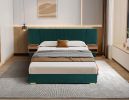 Upholstered Queen Size Bed Frame of Velvet Tufted Headboard with Floating Nightstand LED/USB Built-in, Grey