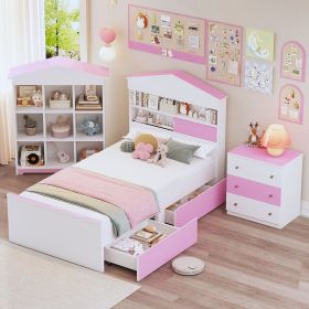 3-Pieces Bedroom Sets, Twin Size House-Shaped Wooden Bed with Storage Drawers, Nightstand with Colorblock Design and House-shaped Stroage Rack (Color: as Pic)