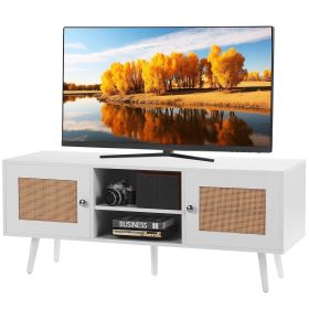 VEVOR Rattan TV Stand, Boho TV Cabinet for 55 inch TV, Mid Century Modern TV Stand, Rattan TV Console with Adjustable Shelfs for Living Room (Color: White, size: 47 inches)