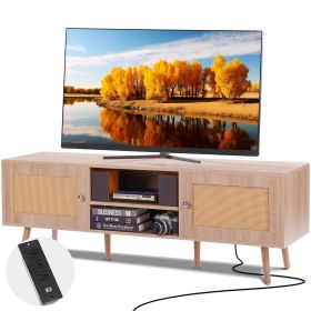 VEVOR Rattan TV Stand, Mid Century Modern TV Stand for 65 inch TV, Boho Rattan TV Cabinet with Build-in Socket and USB Ports (Color: Oak, size: 55 inch)