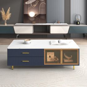 Modern Coffee Table with 2 Glass Door Storage, 4 Drawers, Gold Metal Legs, and Multi-Color Lighting in 47.2'' (Color: Navy Blue, Material: MDF)