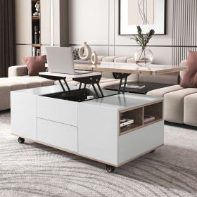 Modern Lift Top Coffee Table Multifunctional Table with Drawers & Shelves (Color: White+Walnut, Material: MDF)