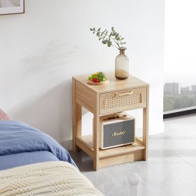 15.75" Rattan End table with drawer, Modern nightstand, side table for living room, bedroom (Color: Natural, Material: MDF)