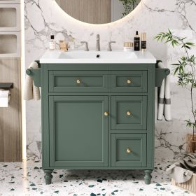 30'' Bathroom Vanity with Top Sink, Modern Bathroom Storage Cabinet with 2 Drawers and a Tip-out Drawer, Single Sink Bathroom Vanity (Color: Green, Material: Solid Wood+MDF+Resin)