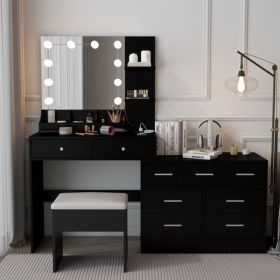 Large Makeup Vanity with Lights, Vanity Table with Charging Station, Vanity Desk with Mirror and 10 LED Light Bulbs (Color: as picture)