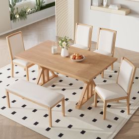 Farmhouse Classical 6-Piece Dining Table Set with Trestle Legs,Kitchen Table Set for 6 with 4 Upholstered Dining Chairs and Bench (Color: Natural, Material: Rubber Wood)