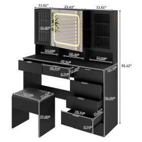 Large Vanity Table Set with LED Lighted Mirror, Vanity Desk with Charging Station, Makeup Table with Glass Doors, Drawers and Storage Shelves (Color: as picture)