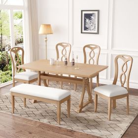 Retro 6-Piece Trestle Dining Table Set with Upholstered Dining Chairs and Dining Bench, Smooth Dining Backs for Dining Room, Living Room, Kitchen (Color: Natural+Beige, Material: Rubber Wood)