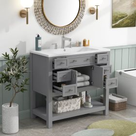 36'' Bathroom Vanity with Top Sink, Modern Bathroom Storage Cabinet with 2 Soft Closing Doors and 6 Drawers, Single Sink Bathroom Vanity (Color: Grey, Material: MDF)