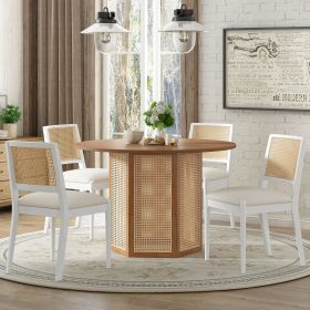 5-Piece Rattan Round Dining Table Set, Wood Table with Hexagonal Base and Upholstered Chairs for Dining Room, Kitchen,Indoor Use (Color: White, Material: Rubber Wood)