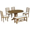 Farmhouse 6-Piece 60inch Extendable Pedestal Dining Table Set with 18inch Removable Leaf, 44inch Bench and 4 Ladder Back Dining Chairs