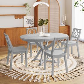 Mid-Century 5-Piece Extendable Round Dining Table Set with 15.7" Removable Leaf and 4 Cross Back Dining Chairs (Color: Antique Gray, Material: Rubber Wood)