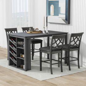 Updated Counter Height 5-piece Solid Wood Dining Table Set, 59*35.4Inch Table with Curved Wine Rack and 4 Upholstered Chairs (Color: Grey, Material: Rubber Wood)