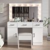 Vanity Desk Set with Large Lighted Mirror and Powre Outlet, Glass Top Makeup Vanity with 3 Drawers and 2 Cabinets, Vanity Table with 12 LED Lights