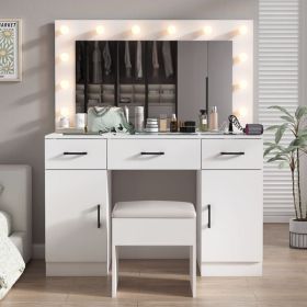 Vanity Desk Set with Large Lighted Mirror and Powre Outlet, Glass Top Makeup Vanity with 3 Drawers and 2 Cabinets, Vanity Table with 12 LED Lights (Color: as picture)