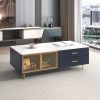 Modern Coffee Table with 2 Glass Door Storage, 4 Drawers, Gold Metal Legs, and Multi-Color Lighting in 47.2''