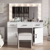 Vanity Desk Set with Large Lighted Mirror and Powre Outlet, Glass Top Makeup Vanity with 3 Drawers and 2 Cabinets, Vanity Table with 12 LED Lights