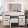 Vanity Desk Set with Large Lighted Mirror and Powre Outlet, Glass Top Makeup Vanity with 9 Drawers, Vanity Table with 12 LED Lights