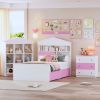 3-Pieces Bedroom Sets, Twin Size House-Shaped Wooden Bed with Storage Drawers, Nightstand with Colorblock Design and House-shaped Stroage Rack