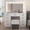 Vanity Desk Set with Large Lighted Mirror and Powre Outlet, Glass Top Makeup Vanity with 9 Drawers, Vanity Table with 12 LED Lights